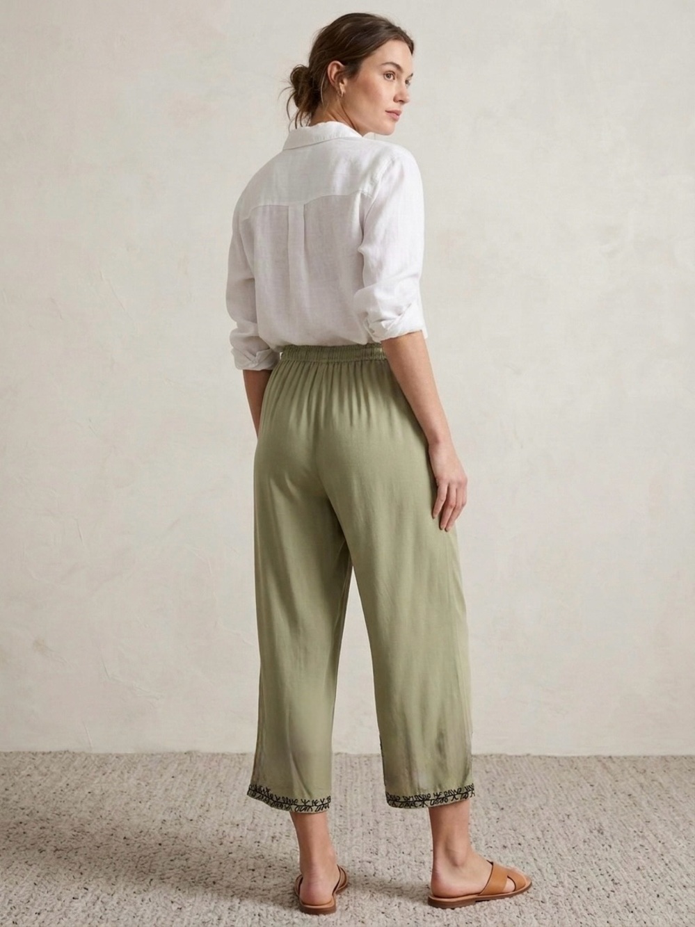 Mango Sage Green Embroidered Hem Crop Wide Leg Drawstring Pants Size Xlarge